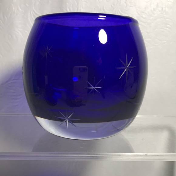 Cobalt Blue To Clear Glass Starburst Round Heavy Votives Candle Holders (3) - Picture 4 of 4
